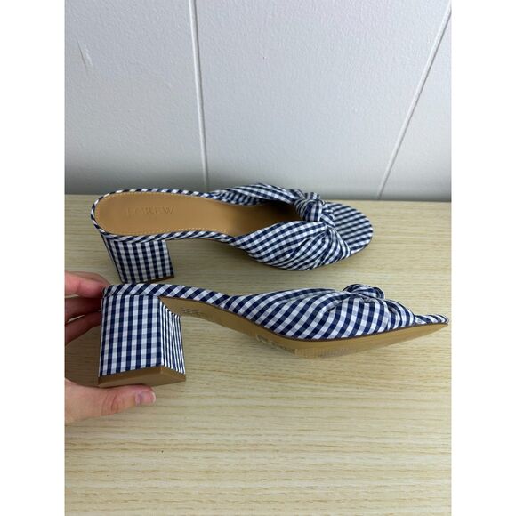 J. Crew Shoes Size 9 Navy Blue White Gingham Plaid Knotted Chunky‎ Heel Sandals - Picture 3 of 5